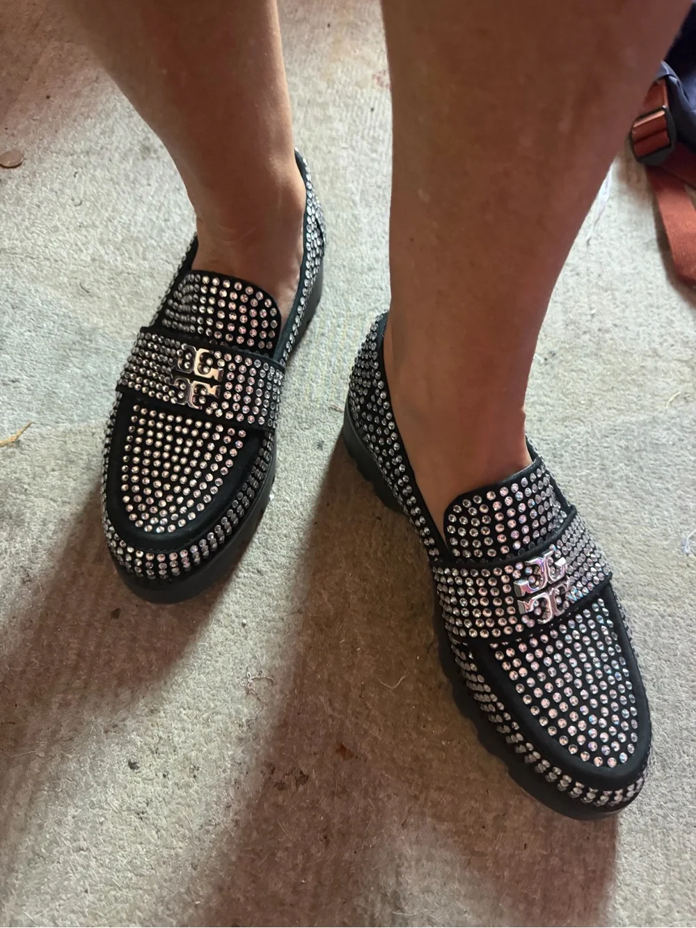 Tory Burch Chunky Loafer Mini Everly Black Suede Crystals Lug Soul size 7